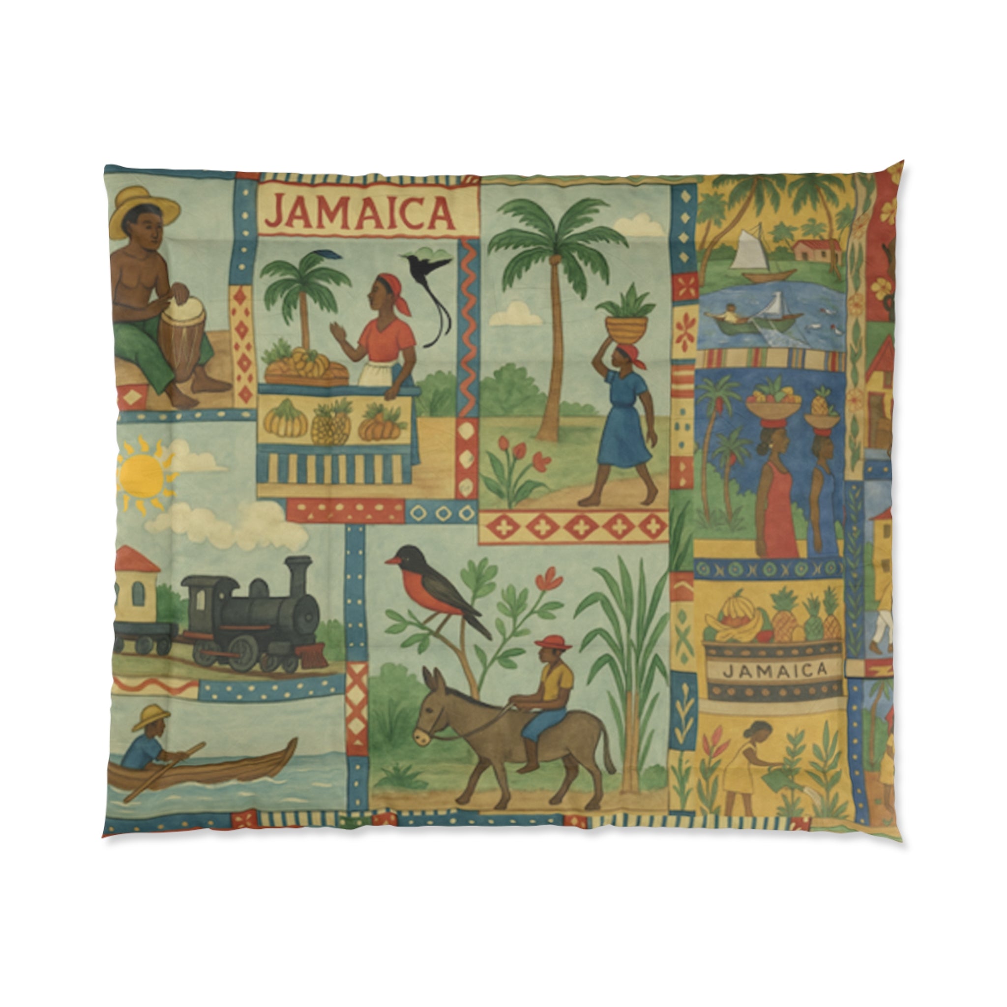 Jamaican-themed illustrations on a white background